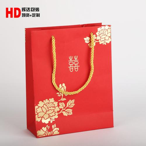 紅色牡丹婚慶喜糖包裝袋 禮品袋手提袋 購物紙袋250g白卡紙袋批發(fā)